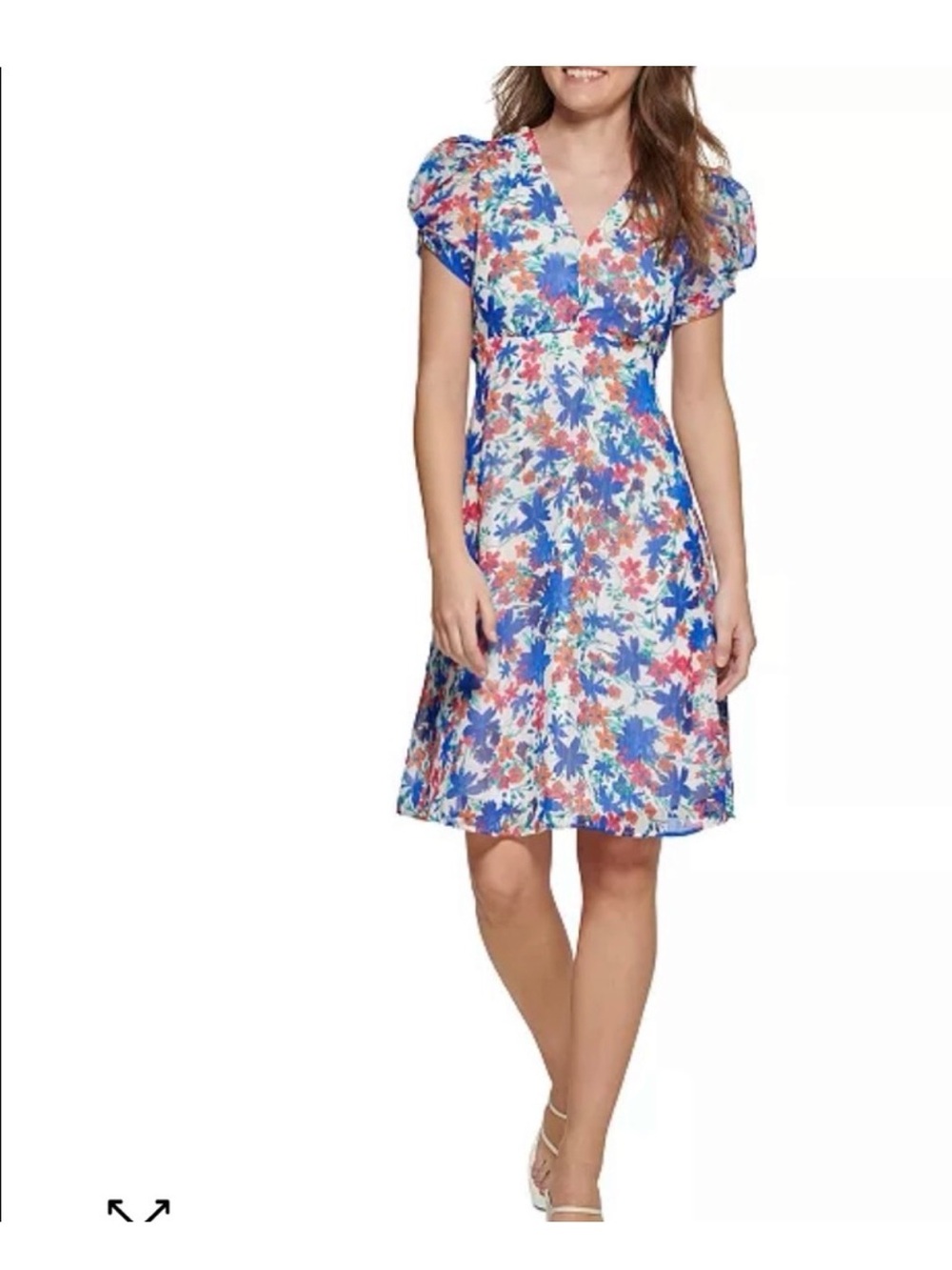 Calvin Klein Printed Floral V-Neck Short Puff Sleeve Chiffon Dress, Size 12, NWT